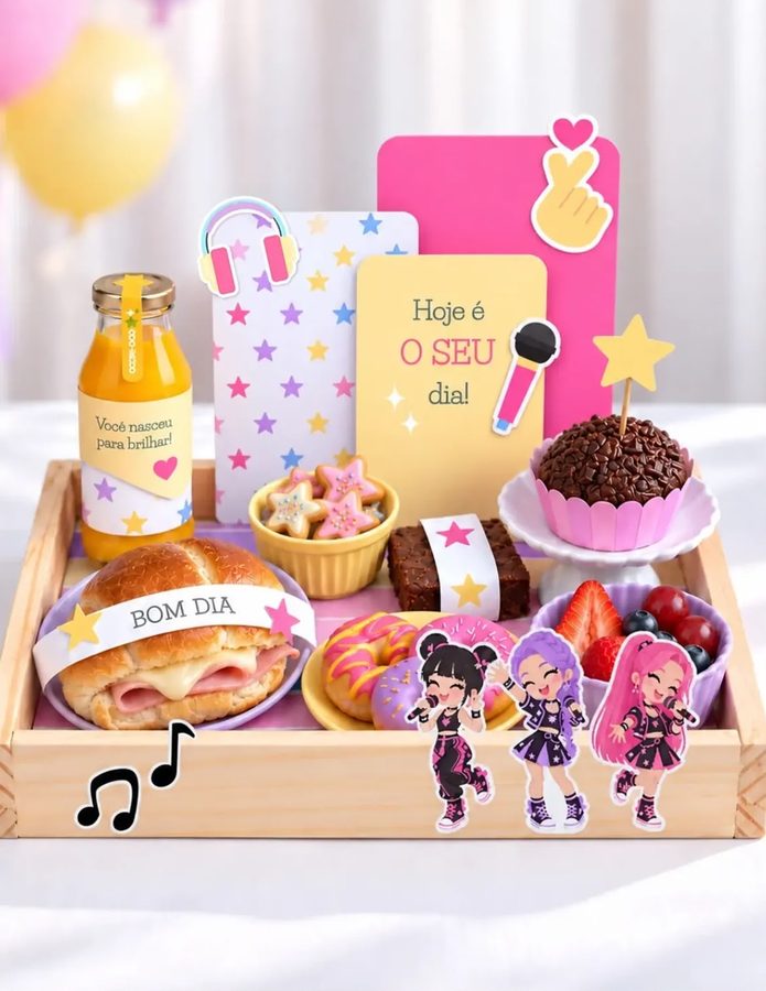 Festa na Caixa em bandeja de madeira com tema musical: suco, croissant, rosquinhas, brigadeiro, frutas e cartões decorados