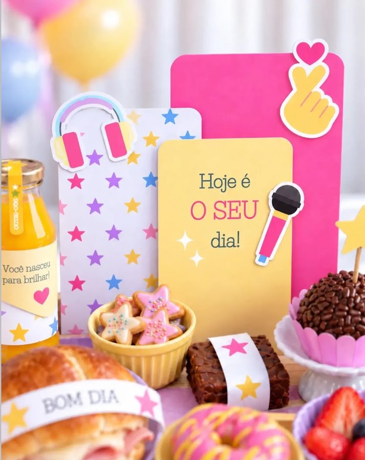 Detalhe dos cartões “Hoje é o seu dia” e dos biscoitos de estrela