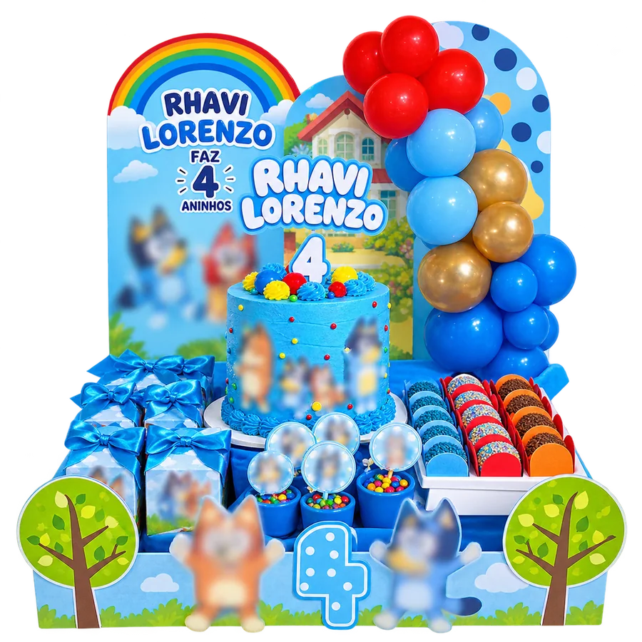 Festa na Caixa infantil azul com painel com o nome, bolo, balões e docinhos