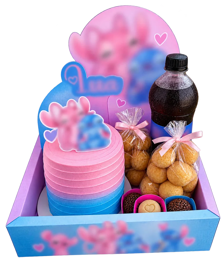 Festa na Caixa rosa e azul com bolo, saquinhos de salgados, refrigerante e brigadeiros