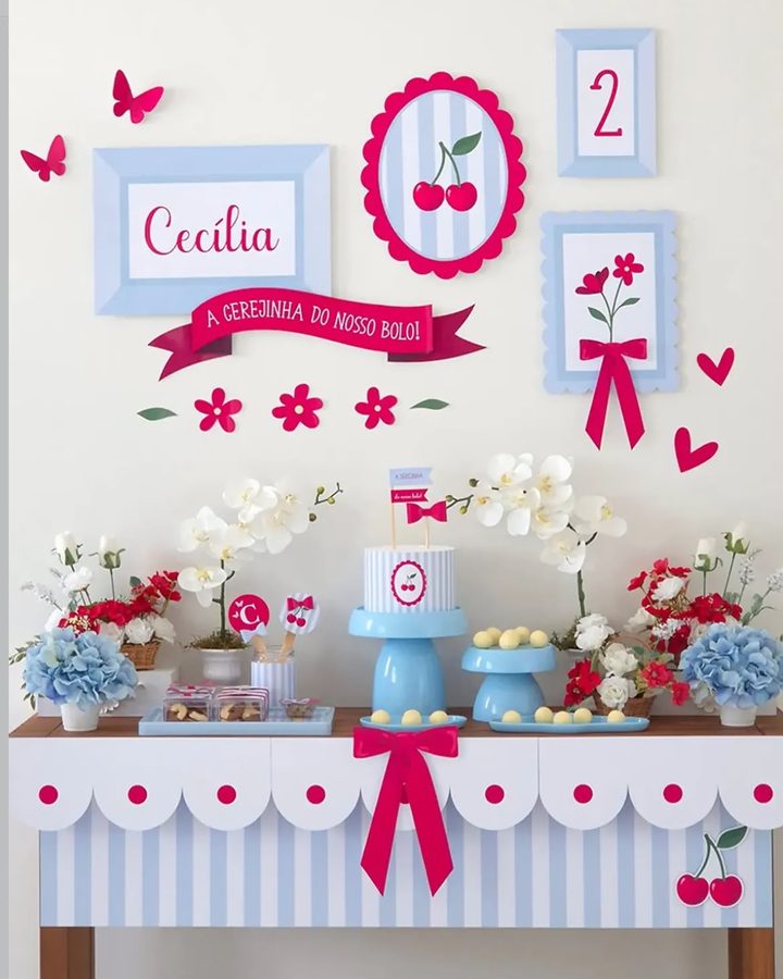 Festa na Mala tema cereja: mesa decorada com quadros com o nome, bolo, flores e docinhos