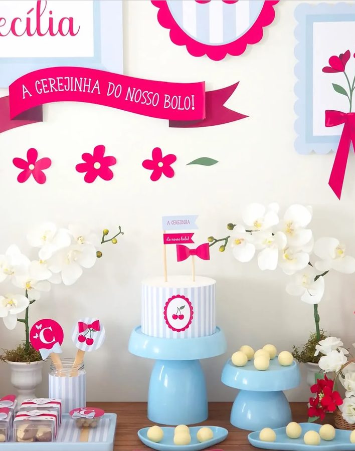 Detalhe do bolo, dos suportes azuis e dos docinhos da Festa na Mala